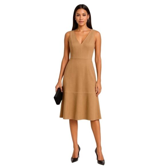 Antonio Melani Camel Faux Suede Sleeveless Midi Dress Belted Modern Minimalist M - Picture 2 of 10